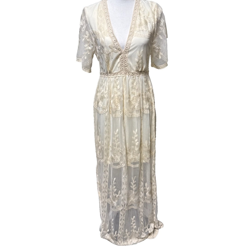 Cream Lace Dress Maxi Med Romantic Boho Cottage Western Sheer Back Beachy Resort